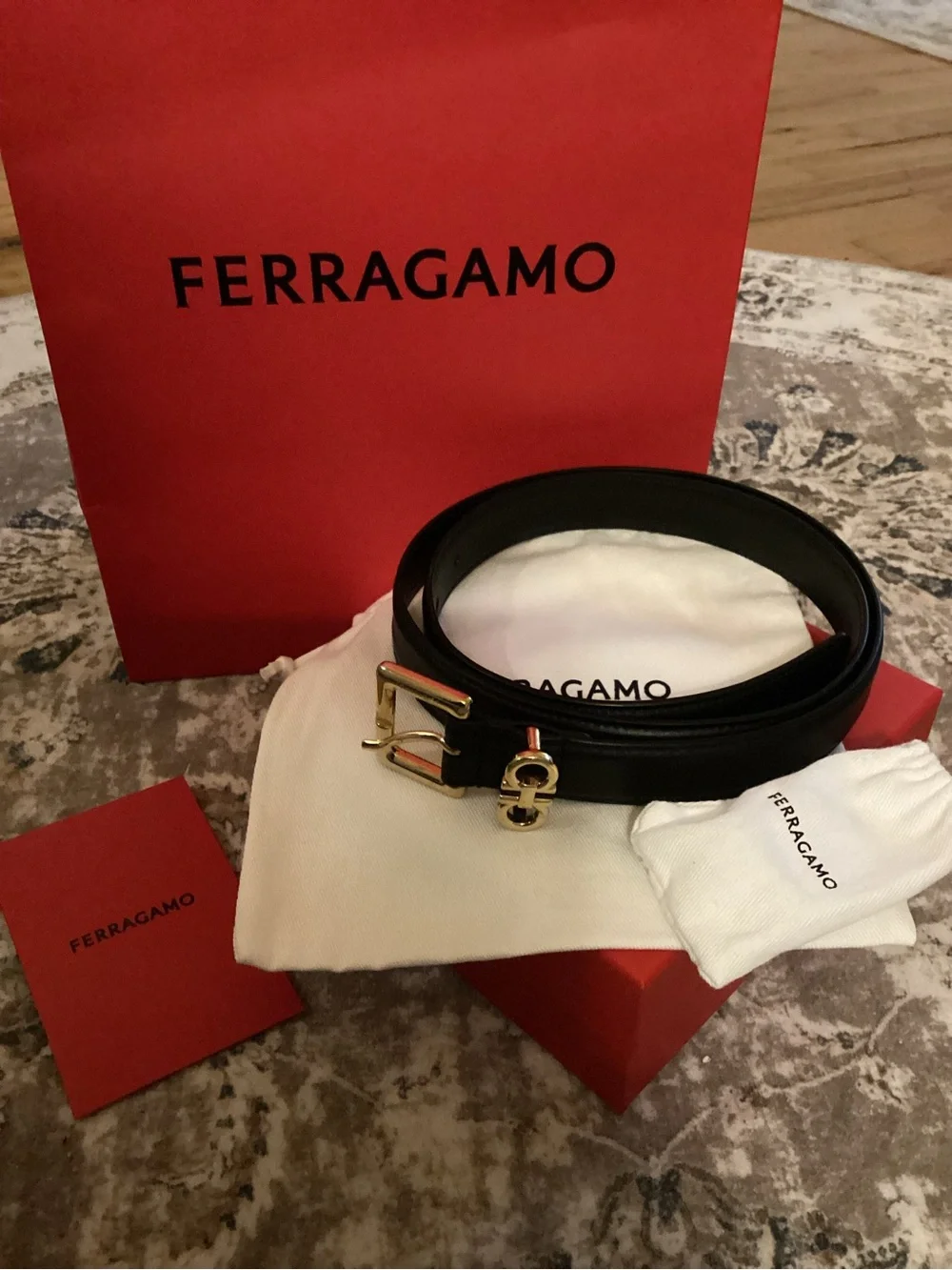 Salvatore Ferragamo Black Leather Belt with Gold Gancio Buckle